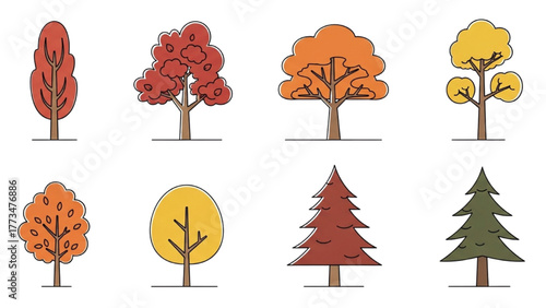 Set of Vector Trees with Various Shapes and Colors