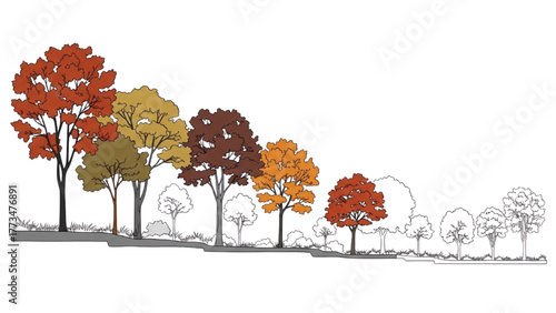 Artistic rendering of a serene forest scene with a variety of deciduous trees adorned in autumn colors