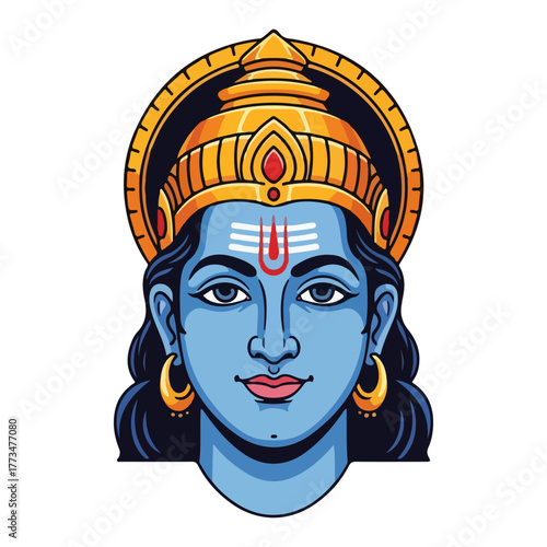 Lord Vishnu Face Head Icon Blue Hindu Deity Portrait Vector Illustration