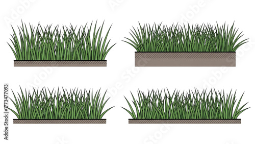 A versatile set of green grass turf strips and lawn borders isolated for landscape design