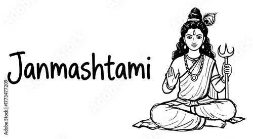 Lord Shiva Sitting with Trident Line Art Vector with Janmashtami Lettering