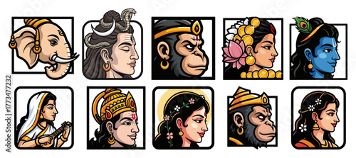 Konstfotografi Hindu Gods and Goddesses Mascot Icon Set Vector Avatars of Ganesha Shiva Krishna