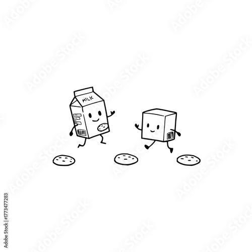 Vector art of a playful handdrawn illustration of a milk carton and a cookie running together, leaving a trail of cookies