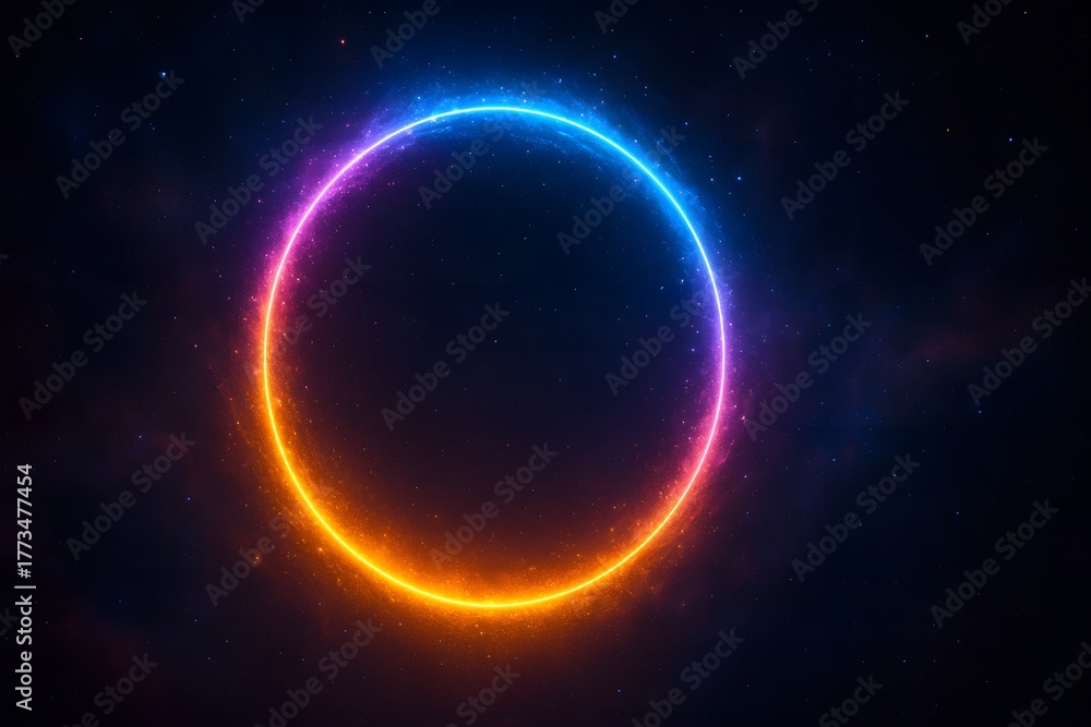Fototapeta premium Neon circular halo with blue and orange glow in deep space