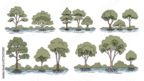 Hand-drawn collection of various tree illustrations with exposed roots for landscape design