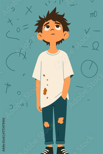 Boy standing in casual clothes with confused face and stains on shirt showing innocence emotion and simple cartoon character design concept
