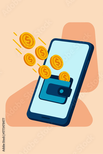 Digital wallet app with golden coins flying into smartphone symbolizing finance technology and modern online payment innovation for future economy