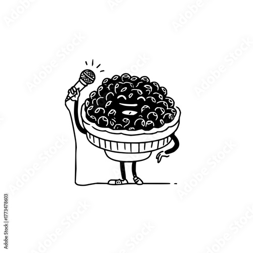 Vector art of a blueberry pie sings into a microphone, a musical dessert performance, a sweet serenade from a fruity character