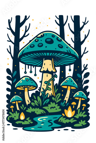 Fantasy forest scene with giant glowing mushrooms surrounded by plants symbolizing mystery imagination and magical harmony of nature and dreams