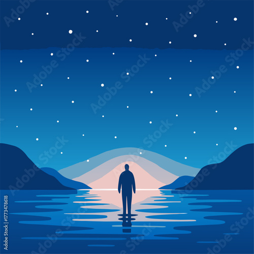 Lone traveler standing under a vast night sky filled with stars reflecting over calm water symbolizing peace freedom and connection with infinite universe