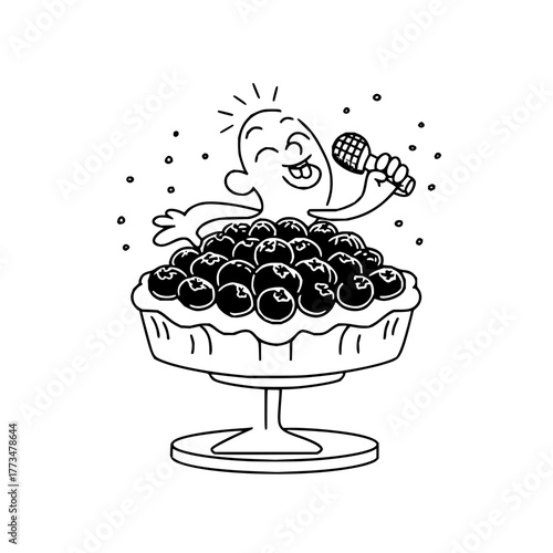 Vector art of a blueberry pie with a singing head, a comical dessert performance, a sweet serenade from a fruity character