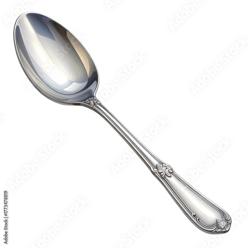 Highly detailed, metallic spoon with ornate handle and bowl, on a stark black background