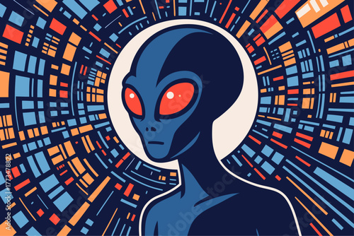 Futuristic alien head with glowing red eyes and abstract background symbolizing mystery intelligence and interstellar life