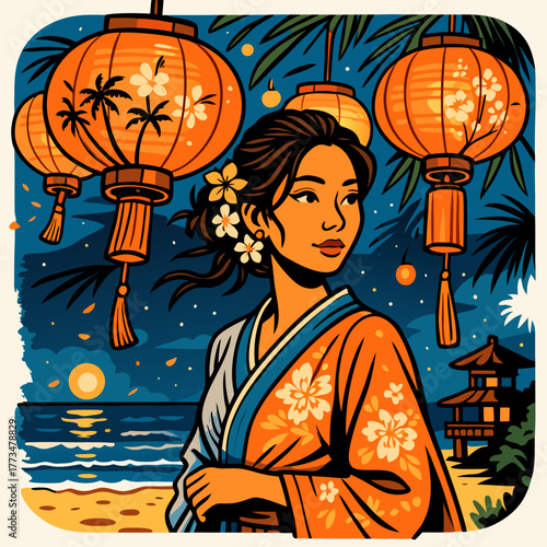 Beautiful Asian woman under lanterns at night near water symbolizing culture grace and timeless elegance