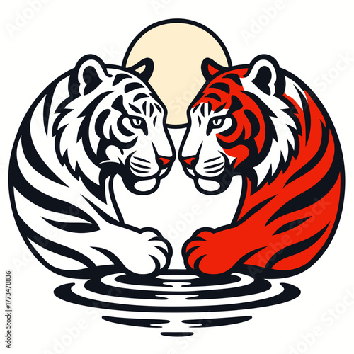 Red and white tigers facing each other representing power harmony and unity of strength and calm