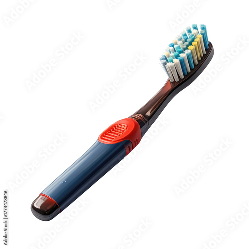 A close-up of a multi-colored toothbrush against a black background