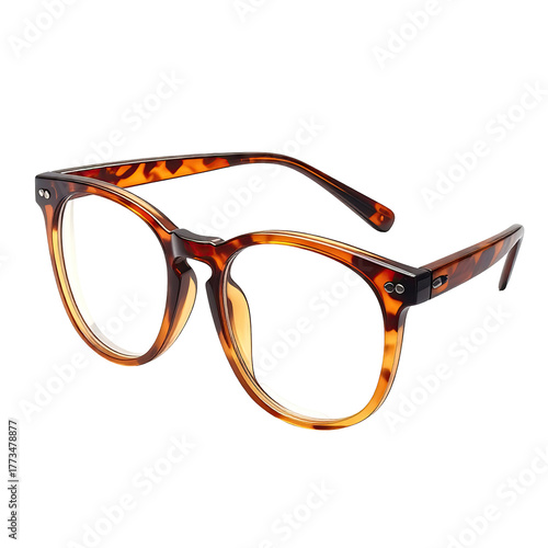Tortoiseshell-patterned eyeglasses with thick frames sit at an angle against a black background