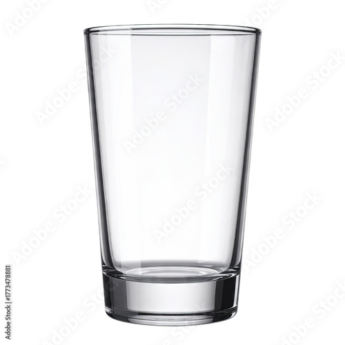 A clear, empty drinking vessel with a slightly flared shape and thick base
