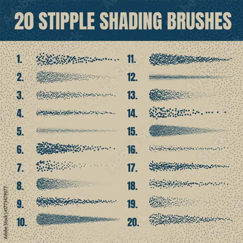 Ink scatter brush, stipple drawing and texturing. Fading gradient. Stippling, dotwork drawing, shading using dots. Halftone disintegration effect. White noise grainy texture. Vector illustration