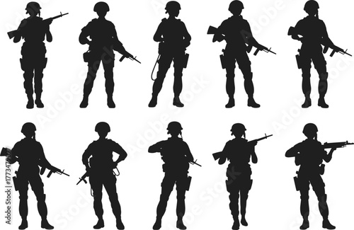Silhouette vector illustration of soldiers with weapons, military army men standing, armed forces teamwork, combat training and defense concept design