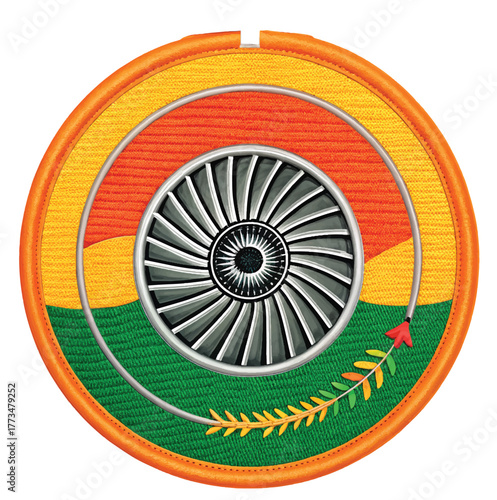 Dynamic jet engine turbine emblem with colorful woven background and laurel branch, symbolizing innovation, power, and achievement for modern industries.