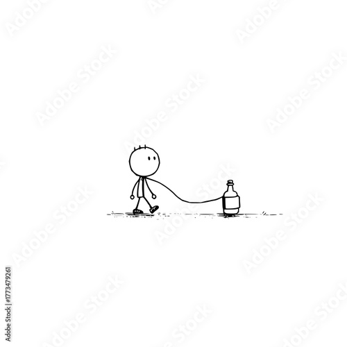 Vector art of a whimsical stick figure strolls, playfully tethered to a bottle by a string, , creating a minimalist and humorous scene