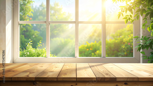 Empty rustic wood surface with background of bright sunny garden through window frame