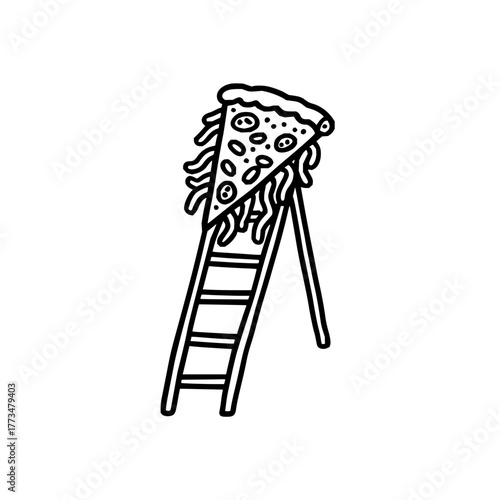 Vector art of a slice of pizza rests precariously on a wooden ladder, creating a humorous and unexpected juxtaposition, , a playful food art