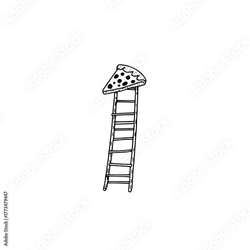 Vector art of a minimalist illustration of a pizza slice atop a ladder, , symbolizing ambition and the pursuit of delicious heights