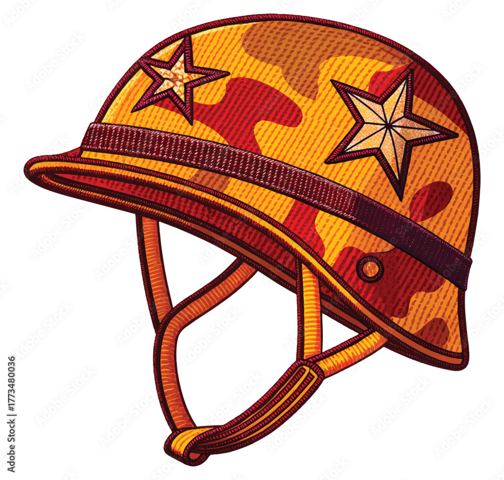 Naklejka premium Detailed cartoon war helmet with camouflage and stars, perfect for historical reenactments or military themed designs, offering a touch of nostalgia