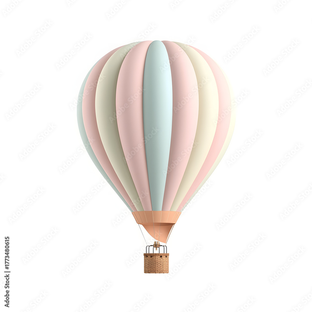 Naklejka premium 3d pastel hot air balloon with gentle color palette floating in soft white space, symbolizing freedom, travel dreams, childhood imagination, and minimal artistic adventure concept