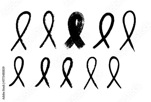 Set of black cancer awareness ribbons isolated on white background. Collection of hand-drawn black cancer awareness ribbons symbolizing support and remembrance, isolated on white background, suitable 