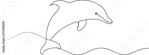 Single line drawing of a dolphin jumping over waves