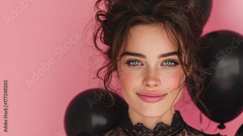 girl with balloons on pink