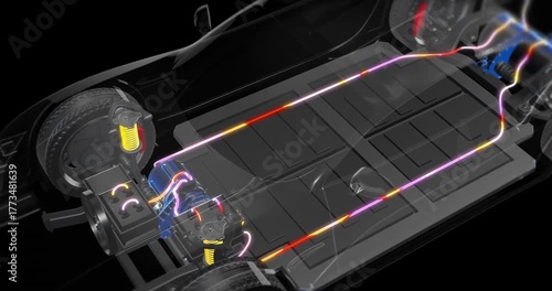 Electric car underbody revealing powertrain and energy circulation system. Electric cars related 4K 3D Animation.