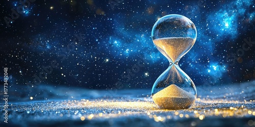 An hourglass with sand falling through it, set against a starry night sky with glittering stars and a blue hue.