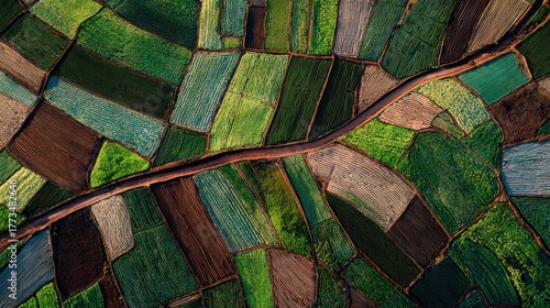 Aerial Top Down View of Colorful Patchwork Agricultural Fields and Winding Road
