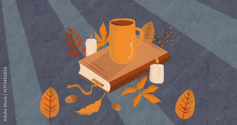 Naklejka premium Floating hardcover book with orange mug in grey-blue space, with lit candles, autumn leaves, acorns