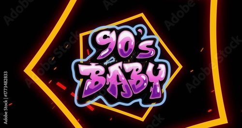 Displaying graffiti text 90's BABY glowing on black background, with neon polygons and confetti