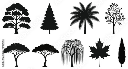 Silhouette collection of various tree types, including oak, pine, palm, and maple
