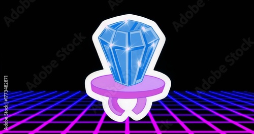 Floating purple ring platform carrying blue faceted gem above neon grid floor, retro-futuristic