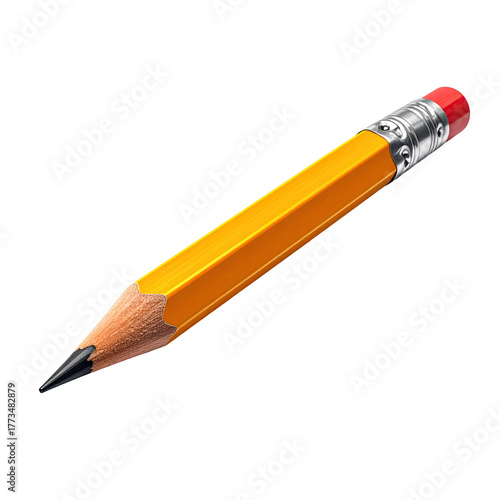 A close-up of a yellow writing tool with an eraser, graphite tip, and metallic sleeve