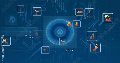 Displaying interface rotating on virtual control panel, with wind turbine and water droplet icons