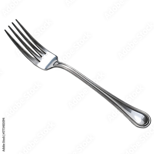 Shiny, silverware utensil with long handle and four tines, isolated on black