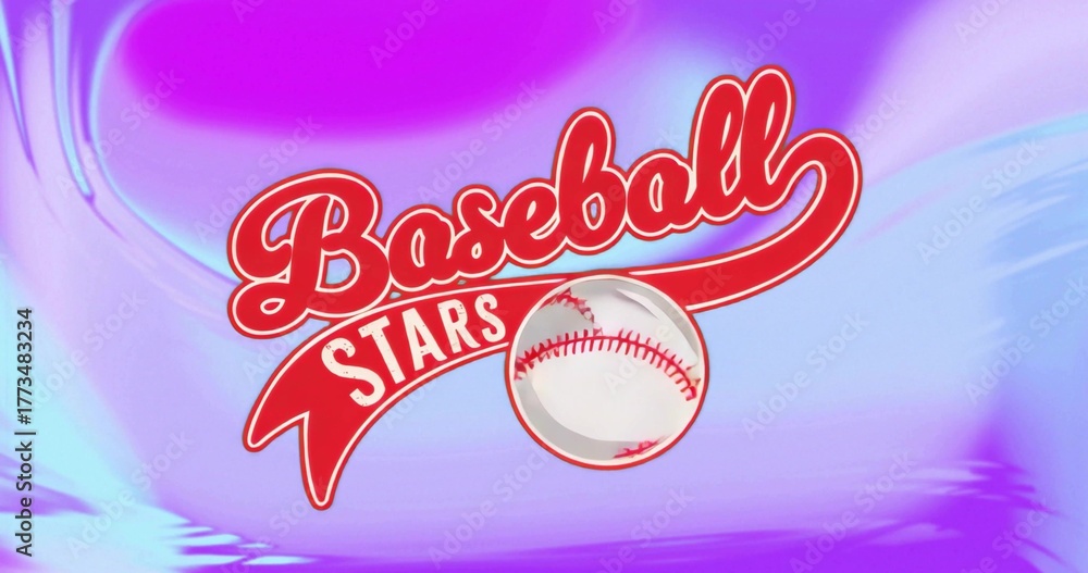 Naklejka premium Showcasing red Baseball Stars logo spinning on purple-blue gradient, with red-stitched baseball