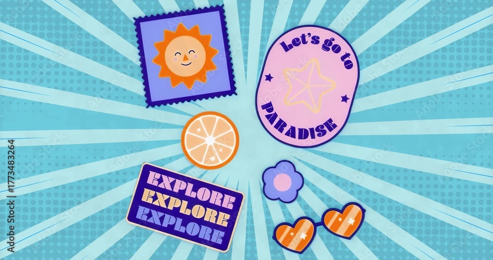 Fototapeta premium Displaying stickers on turquoise burst with sun sticker, PARADISE badge, orange slice and hearts