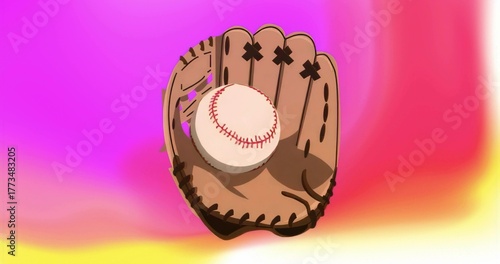 Showcasing brown baseball glove holding white baseball on vibrant gradient backdrop, baseball theme