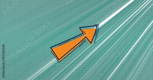 Floating orange arrow with blue outline pointing upward right on teal halftone grid, white streaks