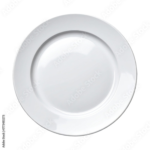 A pristine white, round, ceramic plate viewed from directly above against a black backdrop