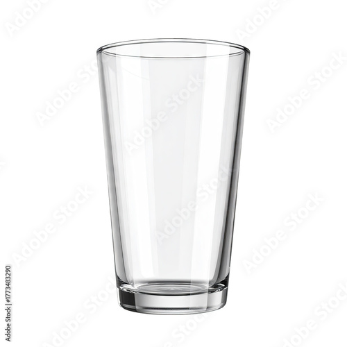 A tall, empty, transparent glass with a slight outward taper, set against black